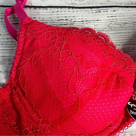 Gossard 34A Superboost Lace Padded Plunge Bra Rose Red Pink Underwire Mesh - Picture 8 of 14